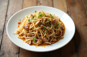 White plate with delicious fried noodles and soybean sprouts mixed with meat chunks. Dish is garnished with green onions on top. Served on wooden table. Asian cuisine style meal ready to eat.