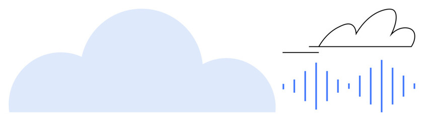Large blue cloud paired with minimalist outlined cloud above soundwave. Ideal for technology, data storage, communication, innovation, sound analysis, digital transformation, simple flat metaphor