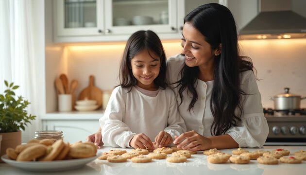Indian woman, girl bake cookies together in kitchen. Mother, daughter decorate sweet treats with sprinkles on white table. Family bonding moment at home cooking activity in modern kitchen with white