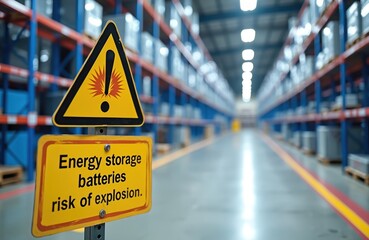 Yellow warning sign about energy storage batteries risk of explosion in warehouse. Sign has triangle shape with exclamation mark, red explosion symbol. Warehouse has blue, red shelves with gray floor.