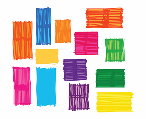Fototapeta premium Collection of colorful abstract rectangular brush stroke elements in various vibrant hues on a white background