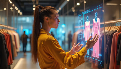 Woman interacts with digital screen in clothing store. She touches virtual mannequins displaying pink dresses. Young female customer tries on virtual clothes using modern tech in fashion boutique.