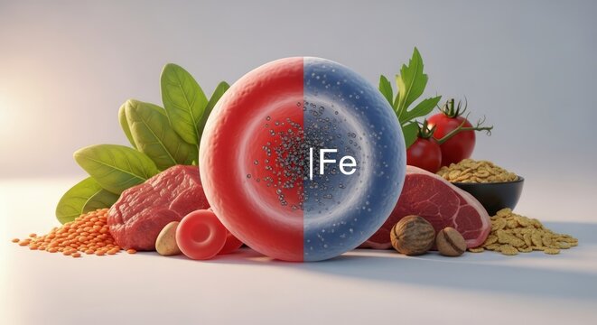 Microscopic red blood cell depicting iron deficiency anemia with Fe symbol, surrounded by natural dietary iron foods including lean meat, spinach, lentils, and grains, vital for human health.