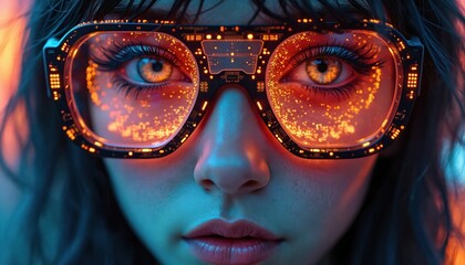 Close-up of young woman wearing futuristic cyber glasses with glowing orange digital circuit patterns. Her eyes reflect bright data streams, code, suggesting artificial intelligence, virtual reality.