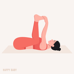 Young Woman Practicing Happy Baby Pose Yoga Exercise on a Mat with Coral Tank Top and Leggings Demonstrating Relaxation and Flexibility on a White Background