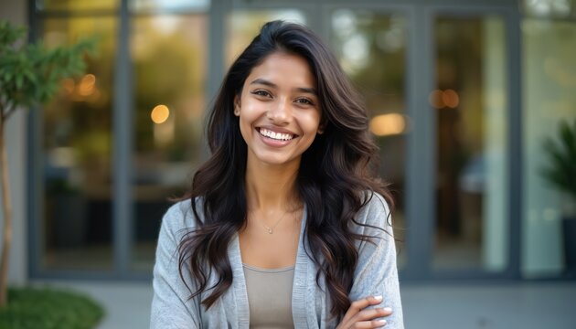 East Indian woman poses smiling in grey jacket. Portrait of happy woman with crossed arms. Model looks at camera with smile expression. Confident person indoor near glass wall.