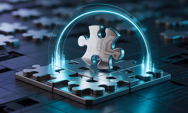 Silver Puzzle Pieces Assembled with Glowing Neon Ring and Single Piece Symbolizing Technology Integration - Powered by Adobe