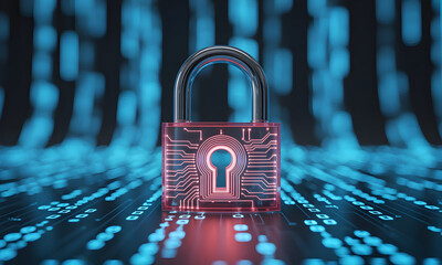 Cybersecurity Concept: Red Illuminated Electronic Padlock Overlaying a Digital Circuit Board, Representing Data Protection