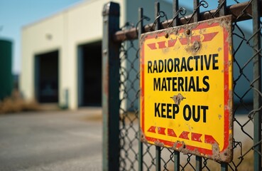 Yellow sign with red border on metal fence indicates radioactive materials inside. Warning sign reads Radioactive Materials Keep Out. Industrial building in background large garage doors. Fence, sign