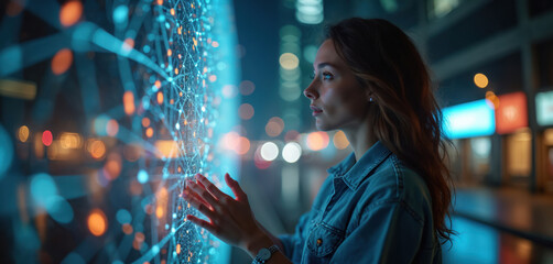 Woman touching futuristic glowing interface. Person interacts with ai network tech. Artificial intelligence innovation concept with digital connections. Modern tech background, neural network, data