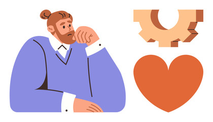 Man in reflective pose beside cogwheel and heart, representing balance of logic and feelings. Ideal for self-reflection, decision-making, self-awareness, psychology, balance, communication