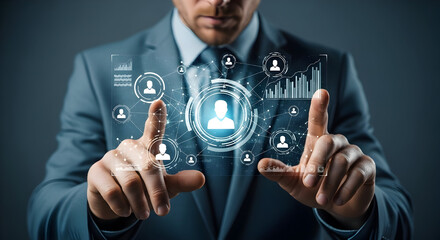 Businessman Interacting with Futuristic Digital Interface Displaying Data and Human Profiles, Touching Screen