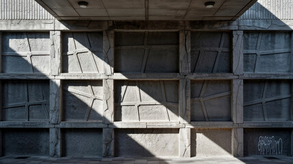 Concrete wall displays textured patterns and shadows on a sunlit day in an urban environment, showcasing the beauty of architectural design and street art