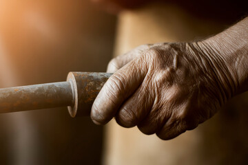Masterful hands of a blacksmith working the forge in a rustic workshop during golden hour, showcasing craftsmanship and dedication to the art of metalworking