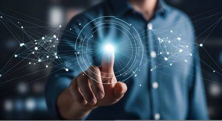 Businessman Interacting with Futuristic Technology Interface: Digital Network and Connection Concept