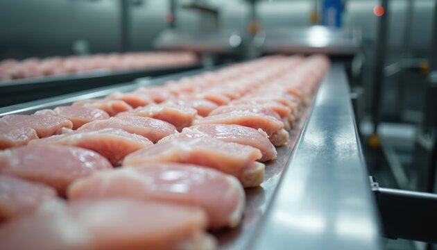 Fresh raw chicken breasts move along industrial conveyor belt in a food processing plant. Production of poultry products at factory with uncooked meat. Healthy food supply concept.