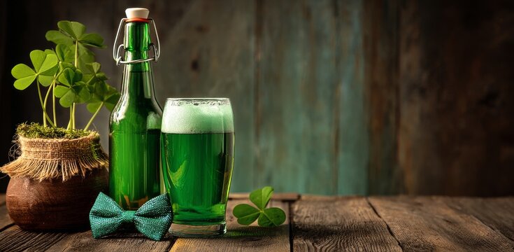 Green Beer and Shamrock Decor on Wooden Table for Festive Celebration