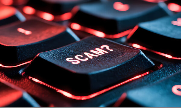 Illuminated Keyboard Key with the Word 'scam?' in White, Warning Against Online Fraud and Deception, Digital Security Concept