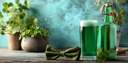 Bright Green Beer With Shamrocks and Bow Tie for St Patricks Day Celebration