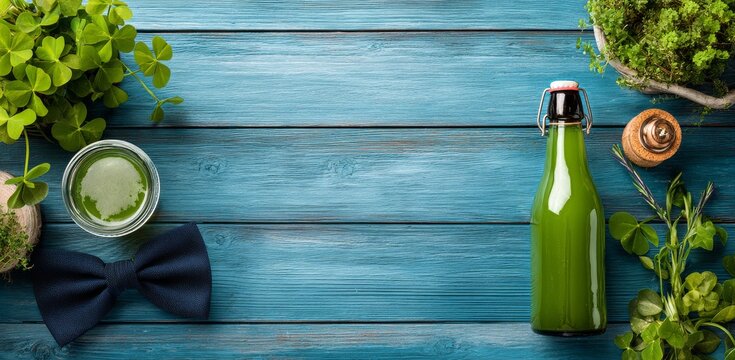Green Beer and Shamrock Decor on Wooden Table for Festive Celebration