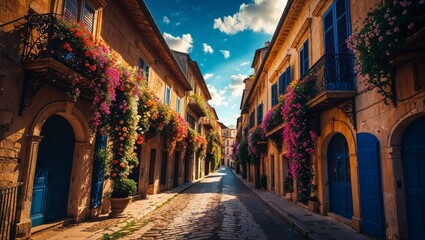 Fototapeta premium Charming cobblestone street adorned with vibrant flowers and colorful doors under a bright blue sky in a peaceful village setting