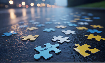 Rainy Day Puzzle: Scattered Pieces Reflecting Street Lights, One Piece Reads 'remember' in the Wet Pavement