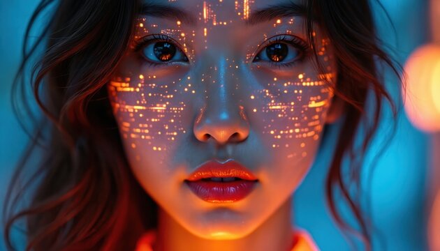 Close-up portrait of young woman with digital glowing data overlay on face. Woman has long brown hair and blue eyes. Glowing orange data points cover her face. Blue background with orange light. - Powered by Adobe
