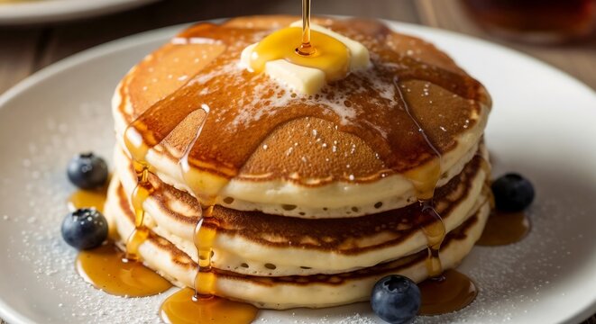 Stack of pancakes with syrup and berries on a white plate.