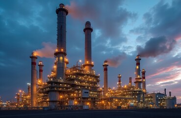 Fototapeta premium Large gas fired power plant at dusk. Industrial complex with multiple chimneys, smokestacks emits smoke. Bright lights illuminate industrial building. Natural gas power station generates electricity.