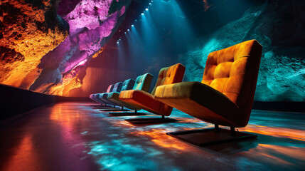 A row of colorful, cushioned chairs in a dimly lit room with vibrant lighting and rock formations on the walls