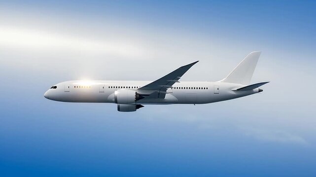 White airplane Boeing 787 flying cruising above the clouds in a blue sky background. Side view angle. Modern passenger jet airplane.