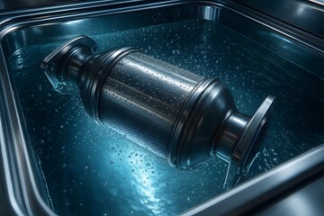 Futuristic Diesel Particulate Filter in Ultrasonic Cleaning Tank with Soft Pastel Blue Light