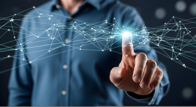 Person's Finger Touching a Digital Network, Representing Connectivity, Data, and Technological Advancement in Blue