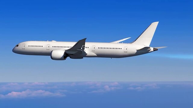 White airplane Boeing 787 flying cruising above the clouds in a blue sky background. Side view angle. Modern passenger jet airplane.
