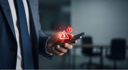 Businessman's Hand Holding Smartphone with Financial Alert Symbol in Modern Office Setting: Risk Notification Concept