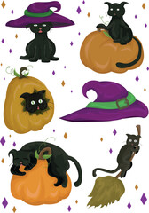 Black Cats with Pumpkins and Witch Hats Halloween Vector Set.eps