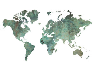 World map on grunge green colored old metal surface	
