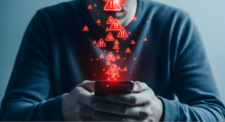 Man Holding Smartphone with Red Alert Warning Symbols Concept, Digital Information Security