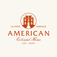 Vintage American Colonial House Logo Template. Luxury House Home Real Estate with Classic Vibes