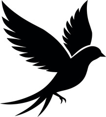 Stylized Black Silhouette of Symmetrical Bird in Flight with Split Tail Feathers