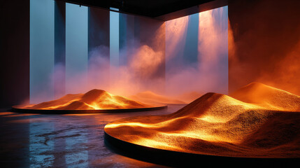 A surreal, otherworldly landscape of glowing orange sand dunes under beams of light streaming through vertical in a dark room