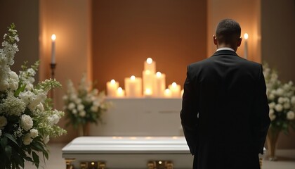 Man in dark suit attends memorial service. Person stands near coffin with flowers, candles. Funeral ceremony indoors provides comfort, respects deceased. Sorrowful event brings family together to