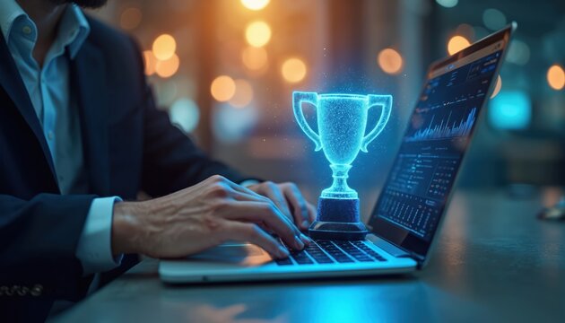 Businessman works on laptop with glowing trophy on keyboard. Man in suit uses computer with virtual award. Employee achieves company goals, gets recognition. Businessperson in office with bokeh