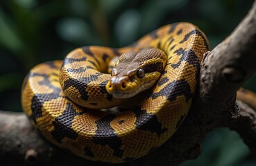 Fototapeta premium Close up of reticulated python coiled on a branch. The snake displays its unique patterned skin. Wildlife animal portrait in natural habitat. Snake head detail.
