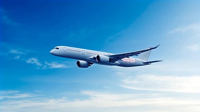 White passenger airplane Airbus A350 flying in a blue sky background. Side view angle. Modern passenger jet airplane.