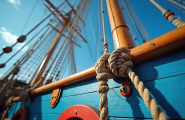 Obraz premium Old sailing ship with wooden mast and ropes tied in knots on blue deck. Wooden railings and red metal fixtures. Ropes and rigging on historic vessel under clear sky.