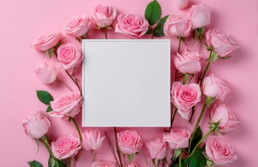 Beautiful Pink Roses Arranged Around a Blank Square Frame on a Soft Pink Background