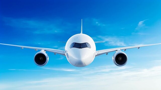 White passenger airplane Airbus A350 flying in a blue sky background. Front view angle. Modern passenger jet airplane.