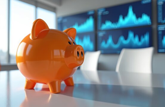 Orange piggy bank sits on a desk in an office meeting room. Digital screens in background display stock market graphs. Financial planning concept.