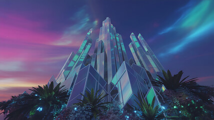 Futuristic crystal skyscraper against a dramatic purple and blue sky building architecture